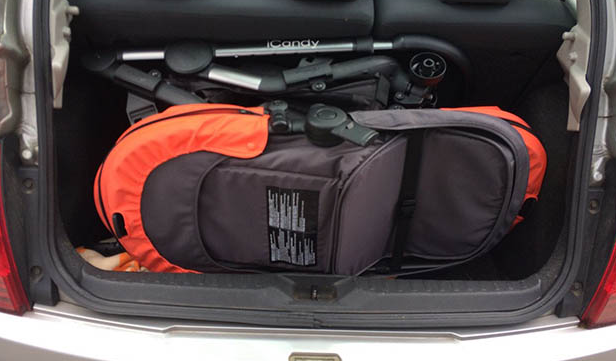 Pram crammed into a car boot